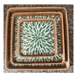 Plateau élégant en rotin tressé avec nacre, fait main, pour le petit-déjeuner, le café, les collations et la décoration intérieure - Product Image 4