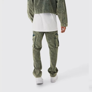 Mens Olive <b>Green</b> Acid Wash <b>Corduroy</b> Cargo Pants Relaxed Fit Wide Leg Multi Pocket <b>Trousers</b> Customized Logo Vintage Streetwear - Product Image 3