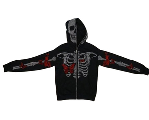 Men's Gothic Hooded Zipper <b>Jacket</b> With <b>Rhinestone</b> Skeleton And Butterfly Print Fleece Material Winter Style - Product Image 2