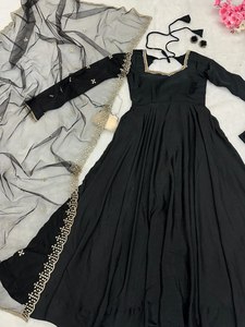 High Quality Solid Color Pure Chinon Silk Floor-Length Slim Fit Diwali Party Wear Indian Pakistani Anarkali Style Women's - Product Image 2