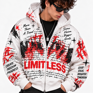 Sweat à capuche zippé imprimé sans limites pour homme, coupe oversize, style streetwear, en molleton bouclette, design blanc, rouge, noir, décontracté pour l'automne - Product Image 1