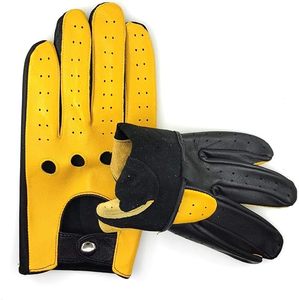 Guantes de Conducción de Cuero Genuino Perforado de Primera Calidad para Hombre, Clásicos Vintage Negros y Amarillos Transpirables - Product Image 3