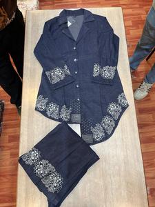 Premium <b>Navy</b> Blue Denim Co Ord Set with Designer Floral Embroidery Asymmetric Shirt <b>Top</b> and Wide Leg Palazzo Pants for <b>Women</b> - Product Image 2