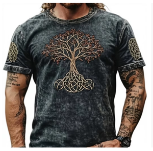 T-shirt imprimé à manches courtes et col rond pour homme, motif arbre de vie, en jersey de coton, coupe décontractée, respirant, logo sur le devant - Product Image 5