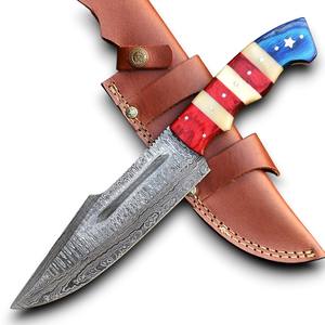 Cuchillo Bowie de Caza para Exteriores de Acero de Damasco Forjado a Mano, Hoja de Punta Caída, Espiga Completa, Afilado como una Navaja, Profesional, Fijo, con Empuñadura de Madera y Hueso Coloridos - Product Image 1