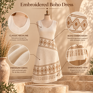 Black Woven Tribal Print 100% Cotton <b>Sundress</b> for <b>Women</b> Sleeveless V Neck Geometric Embroidery | Bohemian Summer A-Line Dress - Product Image 5