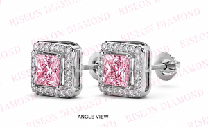 Elegantes pendientes cuadrados tipo halo en oro blanco de 18 quilates con piedras centrales de corte princesa en rosa vibrante y diamantes redondos decorativos. - Product Image 2