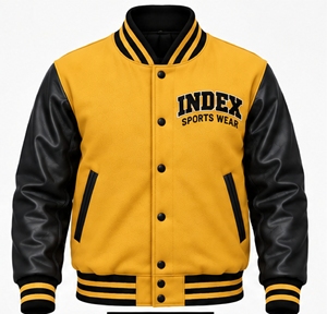 แจ็คเก็ตวาร์ซิตี้สีเหลืองสำหรับผู้ชาย แบรนด์ INDEX แขนเสื้อหนัง PU สีดำ ปักโลโก้ ปกคอเสื้อพับได้ ติดกระดุม ใส่ได้ในช่วงฤดูใบไม้ร่วง - Product Image 1