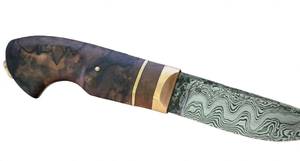 Couteau utilitaire fixe en acier Damas pour l'extérieur avec manche en bois de burl et bolster en banderole de bois - Product Image 2