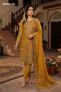 Proveedor de la colección de trajes-pantalón y dupatta de chifón indio de calidad de exportación con bordado de lentejuelas y trabajo de Khatli en el cuello, de Surat. - Product Image 5