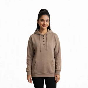 Sweat-shirt à capuche en molleton boutonné sur le devant pour femme - Pull Henley surdimensionné avec poche kangourou, fabricant de marques privées - Product Image 4