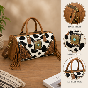 Sac de voyage en cuir de vachette à franges, sac de week-end tissé |   Sac à main de style occidental, fait main, OEM, export Inde 2026, pour femmes - Product Image 5