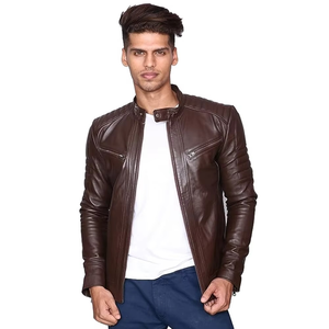 Top Selling Winter Men's Slim Leather <b>Jacket</b> Canvas Fabric <b>Mandarin</b> <b>Collar</b> Front Logo Breathable Quick Dry High Quality - Product Image 2
