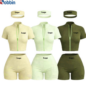 ชุดเสื้อผ้าฤดูร้อนขายดีอันดับต้นๆ สำหรับผู้หญิง ชุดออกกำลังกายสไตล์สตรีทแวร์แบบสั่งทำ เสื้อแจ็คเก็ตแขนสั้นแบบซิป และกางเกงขาสั้น ชุด 3 ชิ้น - Product Image 5