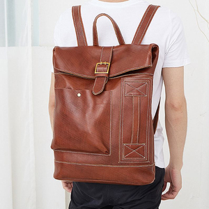 Genuine <b>Leather</b> Roll Top <b>Backpack</b> with Buckle Closure and <b>Laptop</b> Compartment Unisex Retro Style Shoulder Straps Detachable - Product Image 6
