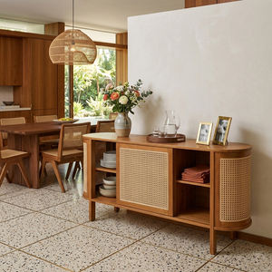 Buffet de salle à manger ovale contemporain en teck élégant avec portes en rotin naturel, meuble de rangement pour la maison, vente en gros - Product Image 6