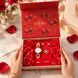 Set di Orologio di Lusso, Collana e Orecchini a Perno, Confezione Regalo a Tema Rosa, Design Creativo e Trendy 'Happy Every Day', Regalo di Compleanno per <span class=keywords><strong>Donne</strong></span> - Product Image 2