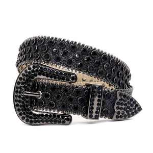 Cinturón Casual Reversible de Cuero Genuino Negro con Adorno de Diamantes de Imitación, Hebilla de Aleación, Diseño Sólido y Duradero - Product Image 1