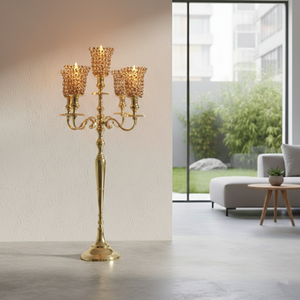 Candélabre en aluminium avec 5 bougeoirs en cristal, plaqué or brillant, grand candélabre fait main, décoration de sol pour mariage, porte-bougie chauffe-plat - Product Image 2