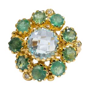 Bague Gemvanity SR1467 plaquée or 14 carats, style bouddhiste tibétain, luxe classique, sertissage en canal, topaze bleue taille brillant et émeraude - Product Image 2