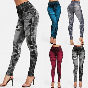 Leggings en jean imprimé taille haute pour femme, longueur cheville, décontractés, extensibles, bleu, en Spandex et Polyester, respirants, style automne - Product Image 5