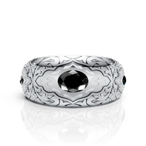 Bague Statement en Moissanite Diamant Noir pour Homme, en Argent Massif, Bijou Fin Ajustable avec Gravure Intricata en Sertissage Canalisé au Centre - Product Image 1