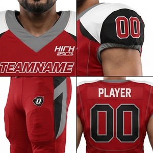 Ensemble d'uniformes de football américain sublimés personnalisés à contraste élevé rouge, noir et blanc - Jeunesse et Hommes Sialkot OEM avec nom d'équipe - Product Image 4