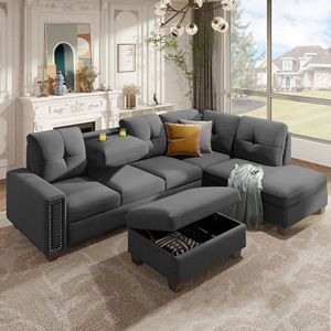 Divano Sezionale a L Reversibile Grande con Pouf Contenitore e Rivetti Decorativi, Design Salvaspazio per Dormitori, Appartamenti e Soggiorni - Product Image 6
