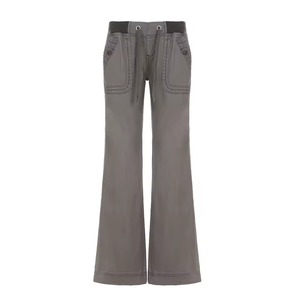 Jeans de mezclilla de tiro bajo, rectos, transpirables, ecológicos, lavados, vintage, lisos, para mujer, con efecto desgastado, con cordón ajustable, casuales - Product Image 6
