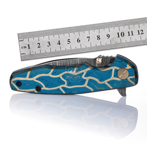 Cuchillo Plegable DIY OEM de Acero de Damasco de 18.5cm con Hoja de Punta Caída, Mango de Micarta con Huella Dactilar, Bloqueo Liner Lock, Cuchillo EDC para Camping, Funda de Cuero - Product Image 5