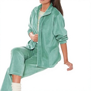 Unisex Velvet Fleece Two-Piece <b>Tracksuit</b> Set Full-Sleeve Hooded Zipper Regular-Fit Solid Color Winter Casual Wear 100% Cotton - Product Image 3
