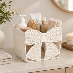 Panier de rangement en corde de papier tressée avec nœud décoratif, panier à magazines multi-usages, organiseur de bureau, fabrication artisanale naturelle du Vietnam - Product Image 6