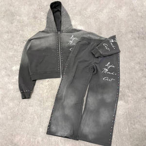 2026 Hot Selling Vintage Acid Wash Hoodie and Flared Pants Zipper Tracksuit Set for <b>Men</b> - Product Image 1