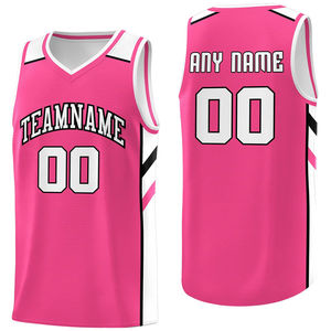 Maillot de basket-ball personnalisé rose et blanc unisexe, col en V, sans manches, évacuation de l'humidité, impression sublimée, nom de l'équipe, adulte, toutes saisons - Product Image 3