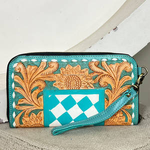 Hot Selling Checkered With SunFlower Design Genuine Hand Tooled Leather <b>Zipper</b> Pattern Purse For Women's Everyday Use <b>Wallet</b> - Product Image 1