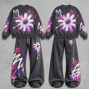 Women's Black Floral Graphic Crewneck Sweatshirt Wide Leg Pants <b>Tracksuit</b> <b>Set</b> Purple <b>Pink</b> Graffiti Streetwear Custom Apparel OEM - Product Image 4