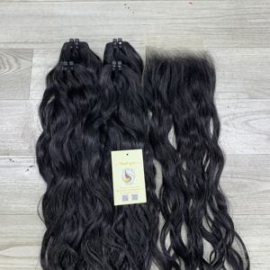 Extensions de cheveux humains vietnamiens noirs, ondulés, à petits nœuds, trame papillon, super double drawn, Genius Weft, en gros - Product Image 6