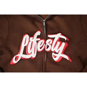 Sweat-shirt à capuche unisexe rouge surdimensionné, style streetwear, avec impression graphique et lettres, fermeture éclair intégrale, en polaire. - Product Image 3