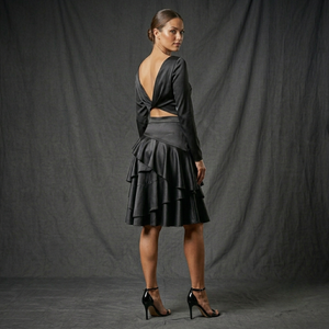 Wholesale Women's <b>Skirts</b> High Waist Asymmetrical <b>Ruffle</b> Satin <b>Skirt</b> Knee-Length Elegant Solid Black 100% Polyester - Product Image 3
