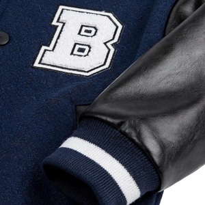 Blouson universitaire pour hommes en gros, corps en laine, manches en cuir, boutons-pression, style baseball, avec lettre B, vêtement d'extérieur - Product Image 5