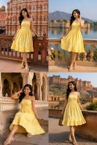 Women Bohemian Yellow Striped Strapless Summer <b>Dress</b> Shoulder Smocked Midi Sundress Casual Beach <b>Ruffle</b> Holiday 100% Cotton - Product Image 6