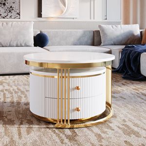 Modern 2-Piece <b>White</b> <b>Round</b> Nesting Coffee <b>Table</b> with Drawers 27.6" - Product Image 2