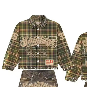 Conjunto de Dos Piezas Personalizado de Camisa a Cuadros de Algodón con Pedrería de Manga Larga y Pantalones Cortos de Mezclilla, 100% Algodón, Ropa Urbana para Hombre - Product Image 2