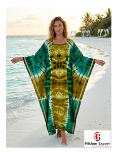 Vestido Kaftán Bohemio Tie Dye para Mujer, Holgado, Largo hasta el Tobillo, Manga Corta, para Playa, Verano, Chifón Viscosa, Cuello Redondo, OEM ODM - Product Image 1