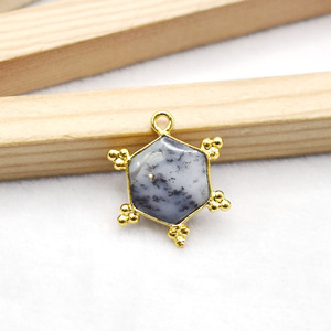 Dendritic <b>Opal</b> Hexagon <b>Pendant</b> 10mm Natural Gemstone Charm Gold Plated Bezel Connector Jewelry Making Supply - Product Image 2