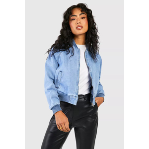 Womens Denim Bomber Jacket Light Blue Full Sleeve <b>Covered</b> <b>Button</b> Closure Stand Collar Winter Style Woven Fabric Logo Cotton - Product Image 2