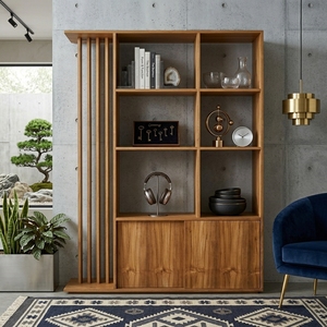 Separador de ambientes de madera estilo Japandi, estantería de exhibición con listones verticales, gabinete de almacenamiento inferior, librero independiente de madera natural - Product Image 6