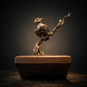 Sculpture d'oiseau en laiton artisanal sur branche, figurine d'oiseau chanteur détaillée, finition laiton antique, statue d'oiseau en métal, décoration de faune. - Product Image 2