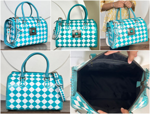 Hand <b>Tooled</b> Cowhide <b>Leather</b> Speedy Bag With Turquoise Concho Checkered Pattern Crossbody Handbags Stylish Travel Duffel Bags - Product Image 3