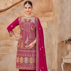 Traje Salwar Kameez Moderno de Seda Vichitra, Listo para Usar, con Bordado y Encaje, para Fiestas, Bodas y Graduaciones - Product Image 1